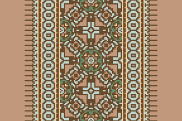 Traditional ethnic motifs ikat geometric fabric pattern cross stitch.Ikat embroidery Ethnic oriental Pixel navy blue background. Abstract,vector,illustration. Texture,scarf,decoration,wallpaper.