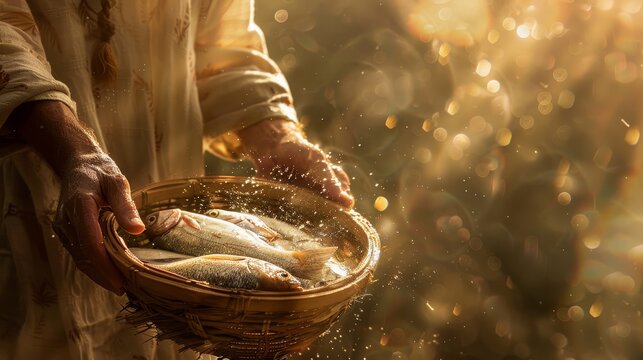 Biblical artwork of jesus blessing bread and fish, symbolizing the miracle of feeding the multitude