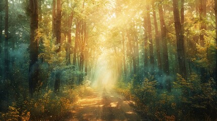 Fototapeta premium A tranquil forest path illuminated by golden sunlight, creating a misty and magical atmosphere in a serene woodland setting.