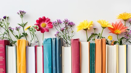 Colorful back to school watercolor card with books and flowers on white background

