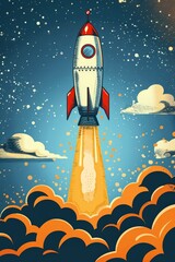 Fototapeta premium Vintage illustration of a rocket blasting off into space, surrounded by clouds and stars, evoking a sense of adventure and exploration.