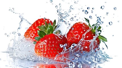 Three Red Strawberries Splashing In Water