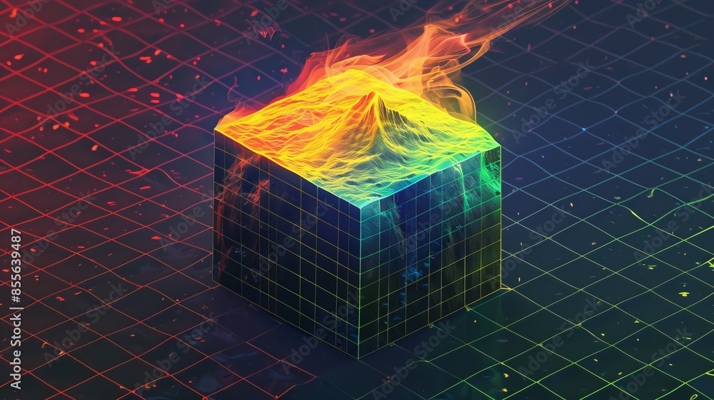 Aufkleber colorful 3d cube with a fiery top in a digital grid background. vibrant and abstract concept art rep
