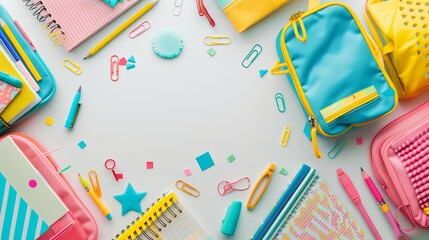 Colorful backpack with school supplies on white background - back to school concept, flat lay composition