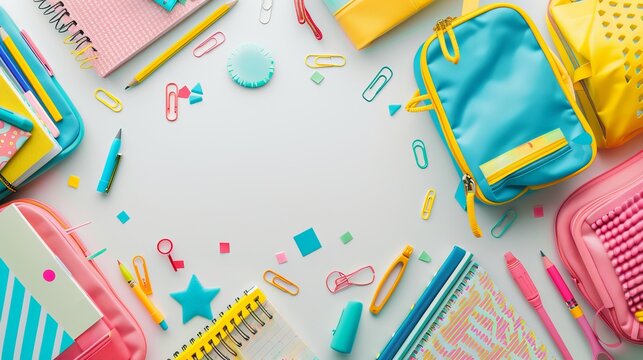 Colorful backpack with school supplies on white background - back to school concept, flat lay composition