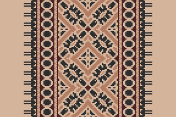 Traditional ethnic motifs ikat geometric fabric pattern cross stitch.Ikat embroidery Ethnic oriental Pixel navy blue background. Abstract,vector,illustration. Texture,scarf,decoration,wallpaper.