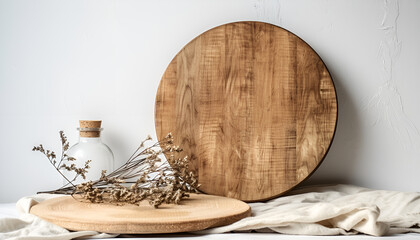 Wooden board stand on tablecloth over white litchen background background