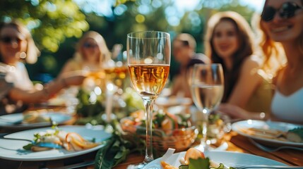 Obraz premium Happy people having lunch at a beautiful table in the garden. Concept of youth lifestyle, food and drink outdoors enjoying a party in the restaurant