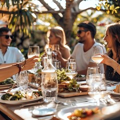 Happy people having lunch at a beautiful table in the garden. Concept of youth lifestyle, food and drink outdoors enjoying a party in the restaurant