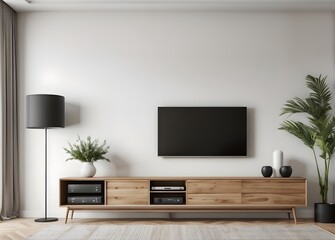 TV screen on the white wall in modern living room. 3d illustration
