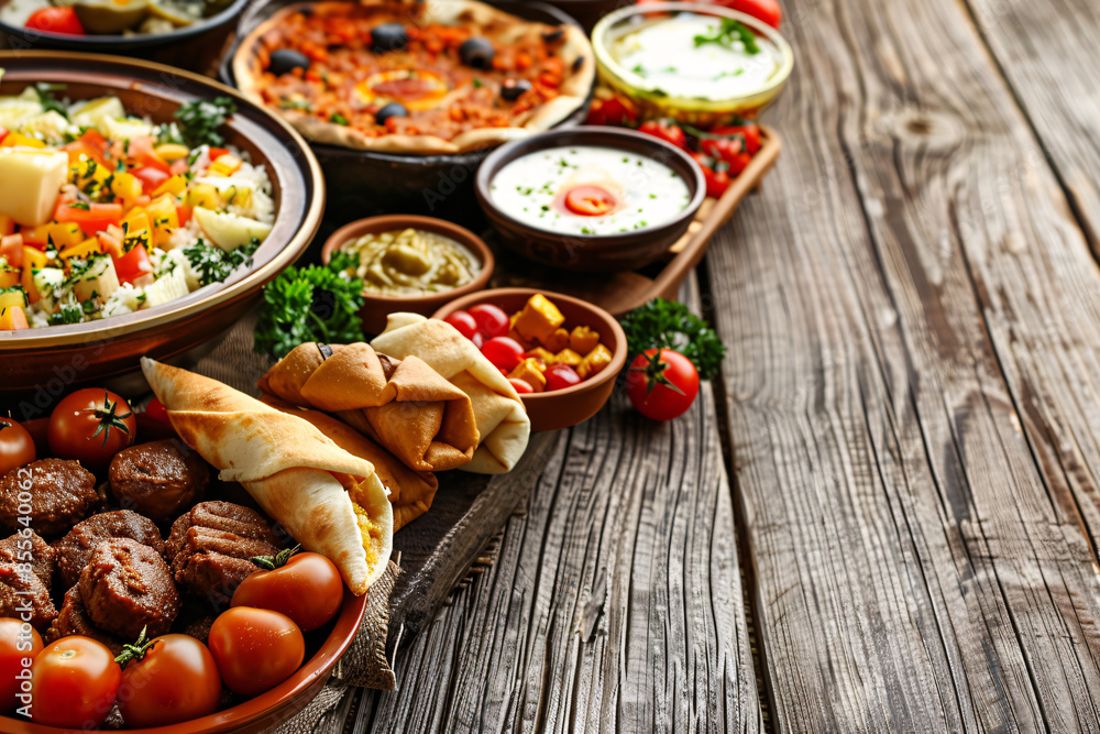 Poster different types of ethnic foods served in bowls and plates on a wooden surface stock photo with copy