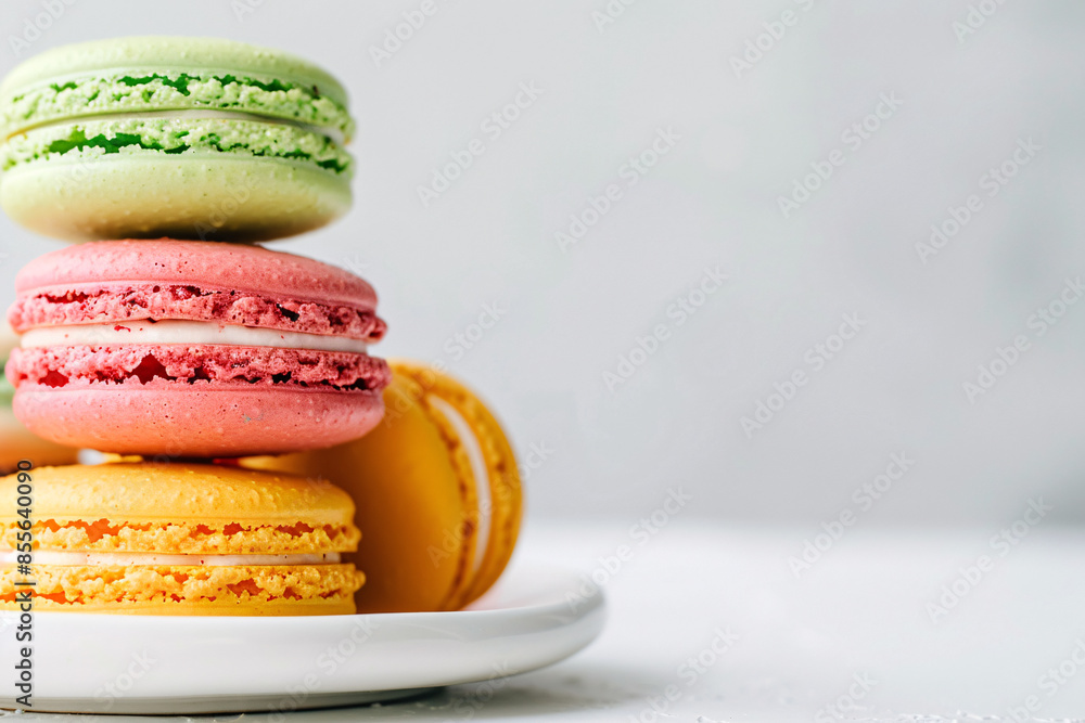 Poster french macaron cookies in assorted colors on a white plate stock photo with copy space isolated on w