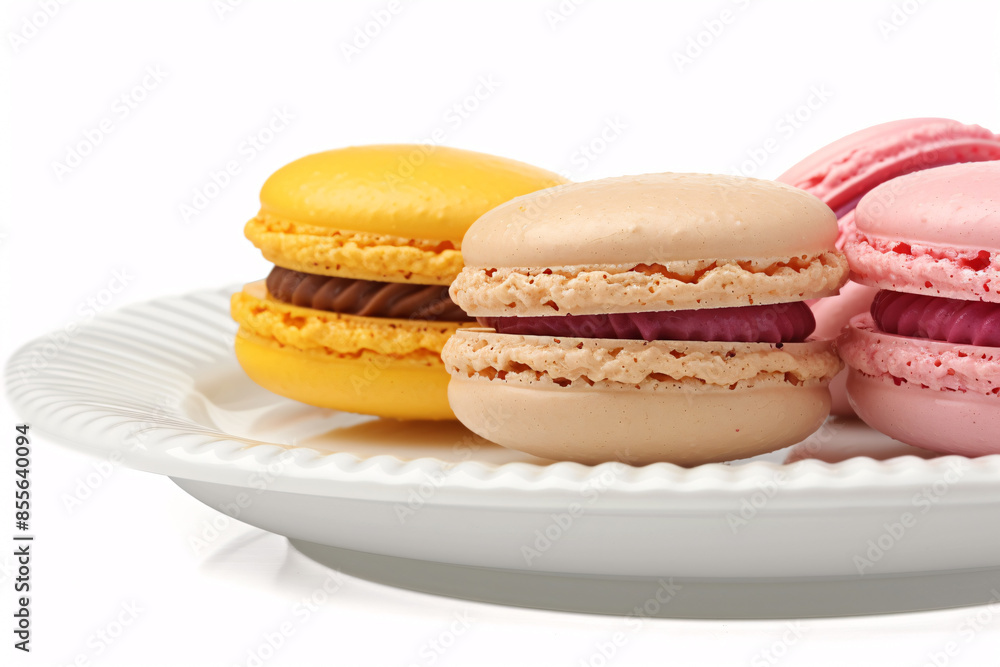 Poster french macaron cookies in assorted colors on a white plate stock photo with copy space isolated on w