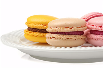 French macaron cookies in assorted colors on a white plate Stock Photo with copy space Isolated on white background