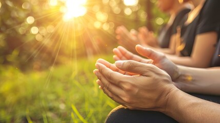 Holding hands, support and friends praying for spiritual growth
