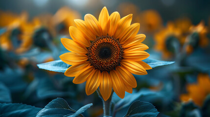 Fototapeta premium A single, perfectly bloomed sunflower head, showcasing its intricate spiral pattern of golden yellow petals surrounding a dark brown center. 