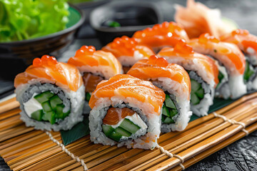 Sushi rolls with fresh fish and vegetables on a vibrant blue background Stock Photo with copy space Isolated on color background