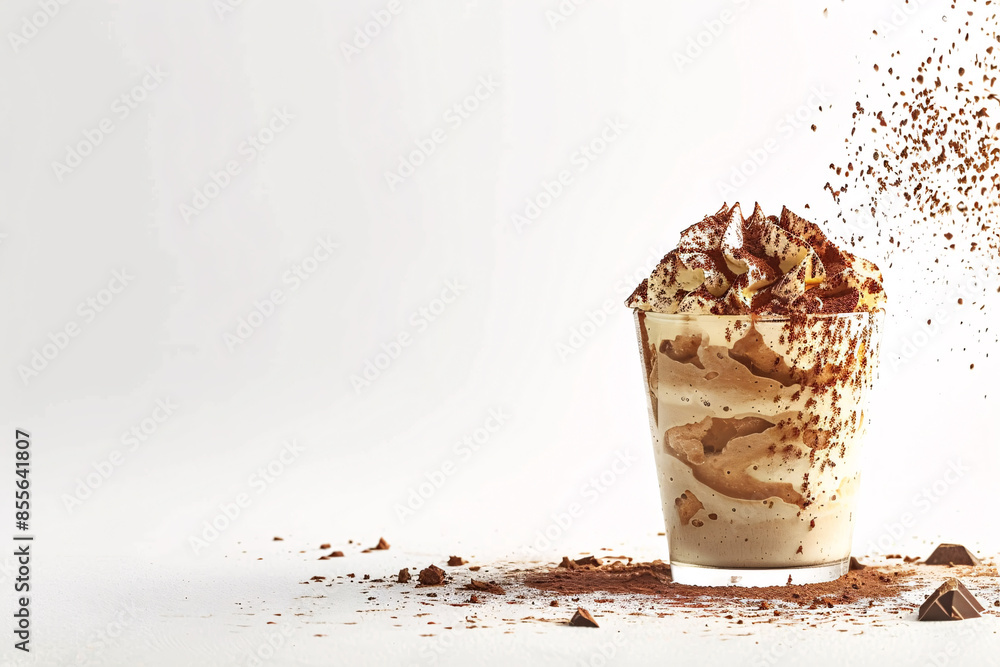 Poster tiramisu dessert in a glass with cocoa powder on top stock photo with copy space isolated on white b