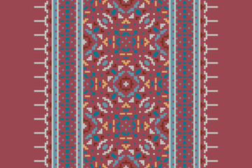 Traditional ethnic motifs ikat geometric fabric pattern cross stitch.Ikat embroidery Ethnic oriental Pixel navy blue background. Abstract,vector,illustration. Texture,scarf,decoration,wallpaper.