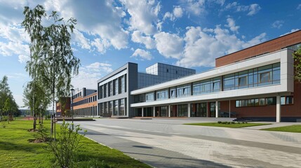 Obraz premium Modern high school building in polessk, kaliningrad region, russia, exterior view with clear sky background