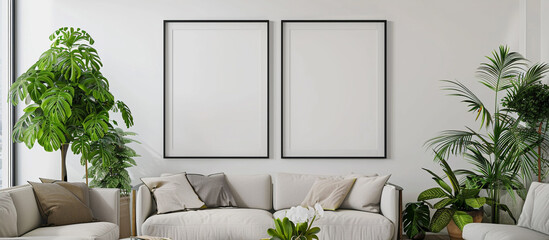 Modern living room with a white wall featuring two vertical picture frames, comfortable seating,...