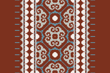 Traditional ethnic motifs ikat geometric fabric pattern cross stitch.Ikat embroidery Ethnic oriental Pixel navy blue background. Abstract,vector,illustration. Texture,scarf,decoration,wallpaper.