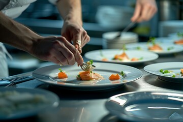 Photo of a chef's hands plating a dish in a restaurant kitchen, with a closeup on a hand holding a spoon near a plate, with a minimalist interior design concept and blurred background. 