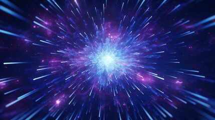 Fototapeta premium Mesmerizing 3D visualization of vibrant blue and purple lights streaking through dark cosmic backdrop at warp speed.