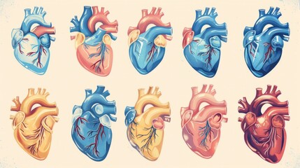 Beautifully illustrated anatomical hearts in various colors, showcasing intricate details and artistic interpretations of the human heart.