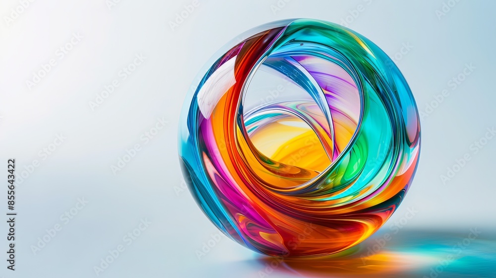 Poster vibrant glass sphere with intertwining colorful patterns on a light background, creating a stunning 