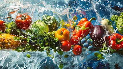 Fresh vegetables, fruits and water splashes on panoramic background. 