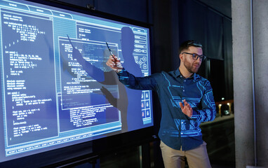 Conception of start up. Business coach against projector with data