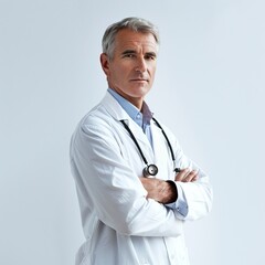 Mature doctor standing upright while waiting for his team
