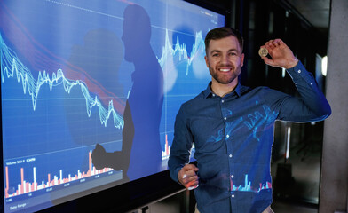 Coin of digital currency in hand. Business coach against projector with data