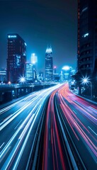 Fototapeta premium Dynamic city highway cars with glowing lights speed towards futuristic skyline at night