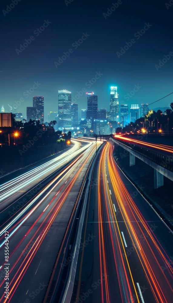 Poster Vibrant freeway traffic at night  illuminated cars speeding towards futuristic cityscape