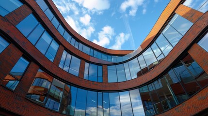 Fototapeta premium Contemporary red brick and glass convex building with modern architectural design in an urban setting, featuring reflective windows and sleek curved structure, ideal for commercial real estate, corpor