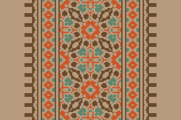 Beautiful traditional ethnic motifs ikat geometric fabric pattern cross stitch.Ikat embroidery Ethnic oriental Pixel.Abstract,vector,illustration. Texture,scarf,decoration,wallpaper,curtain,sarong.