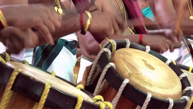 Artists performing Chendamelam, a traditional South Indian percussion orchestra