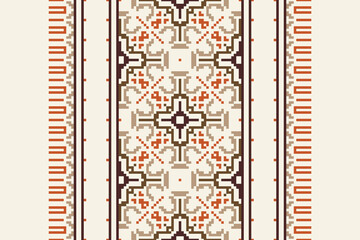 Obraz premium Beautiful traditional ethnic motifs ikat geometric fabric pattern cross stitch.Ikat embroidery Ethnic oriental Pixel.Abstract,vector,illustration. Texture,scarf,decoration,wallpaper,curtain,sarong.