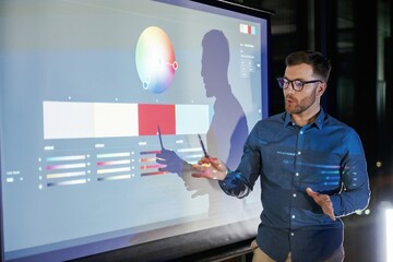 Professional trainer. Business coach against projector with data