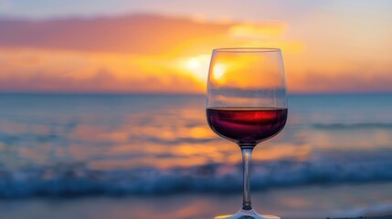 A glass of red wine set against an evening sea horizon