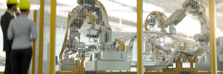 Engineers watch a car being welded on a production line with robotic arms 3d render