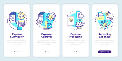 Expense management process steps onboarding mobile app screen. Walkthrough 4 steps editable graphic instructions with linear concepts. UI, UX, GUI template. Montserrat SemiBold, Regular fonts used