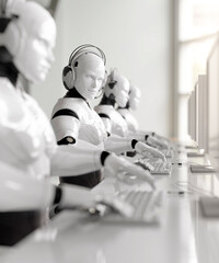 Conceptual computer AI customer service with robots using computers and a headset in a bright office 3d render