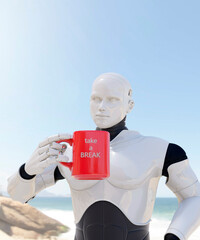 Taking a break from the computer concept with a robot taking a coffee break on a beach