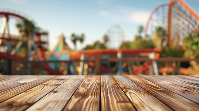 a close up of a rustic empty wooden table with blurred roller coaster background