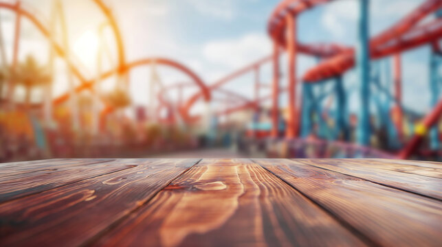 a close up of a rustic empty wooden table with blurred roller coaster background