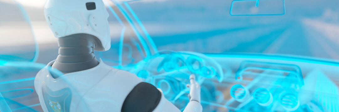 Robot driving a blue hologram car showing conceptual self driving automation 3d render
