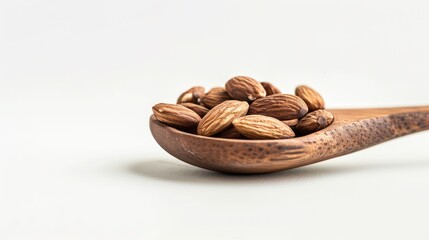 Obraz premium Almonds on wooden spoon on white background